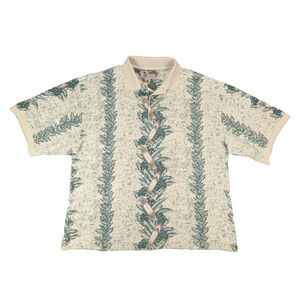 On the Green VTG Polo Shirt Large Men's Green All Over Surf Palm 100% Cotton